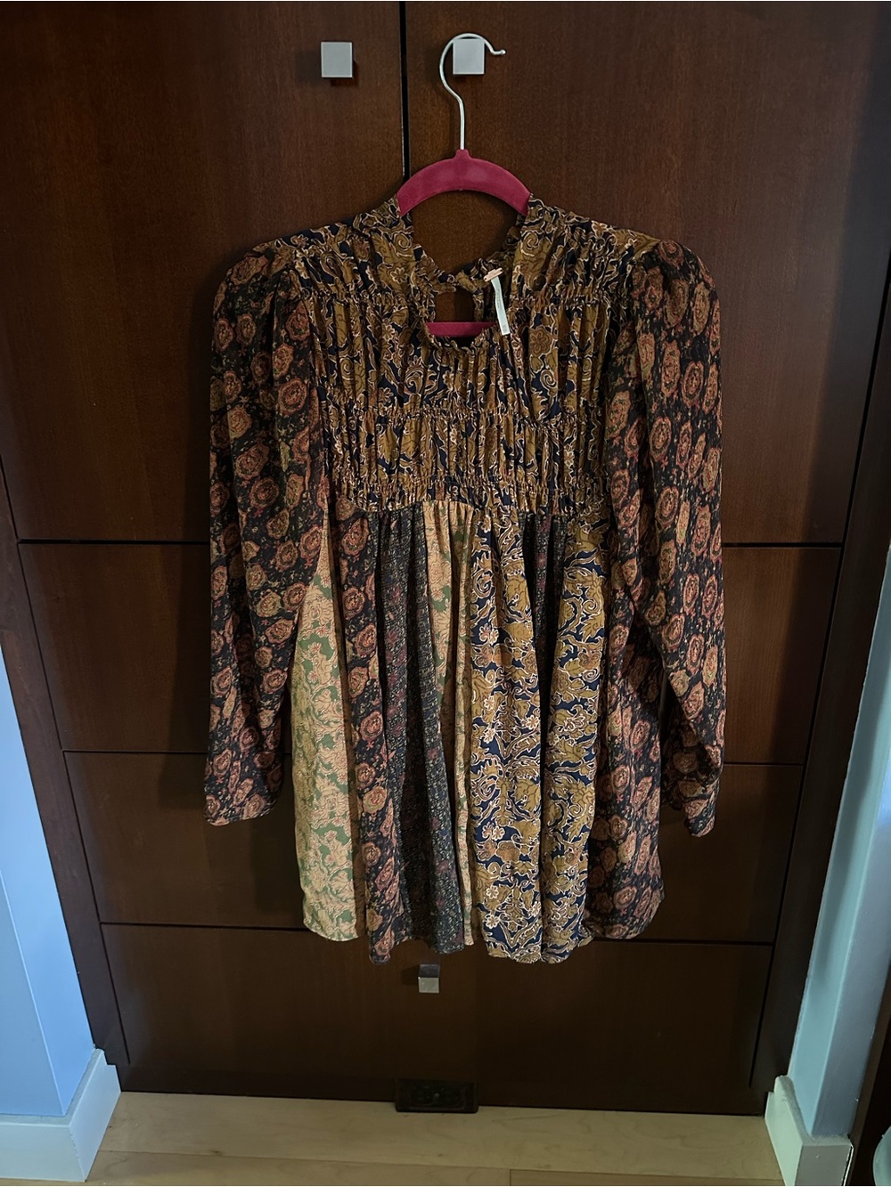 Free People Mixed Floral Patchwork Tunic in Brown and Mustard